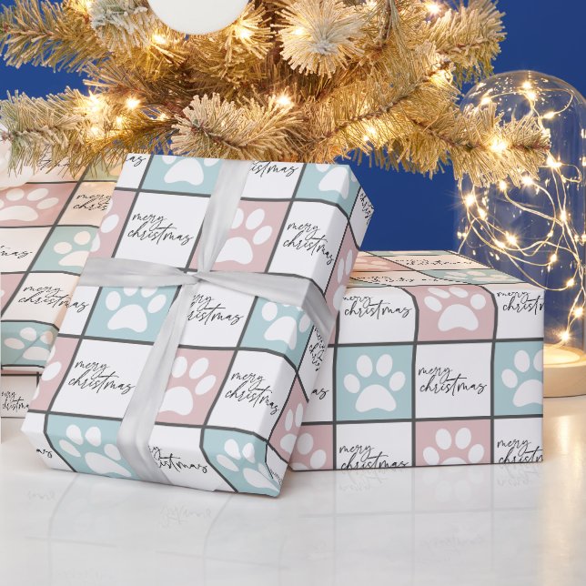 Papier Cadeau Motif de Noël empreinte de patte rose et bleu chic (Vacances)