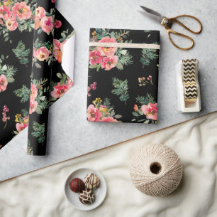 Papier Cadeau Motif de Noël Floral Noir Vacances botaniques