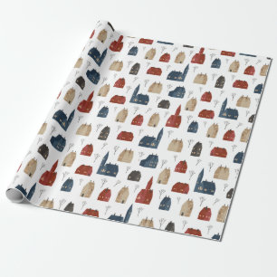 Papier Cadeau Motif de Noël. Maisons et un arbuste en hiver