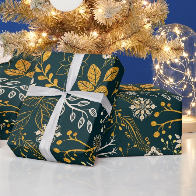 Papier Cadeau Motif de Noël or et blanc (Vacances)