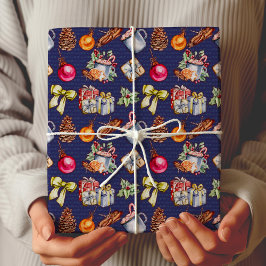 Papier Cadeau Motif de Noël rétro bleu rétro