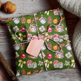 Papier Cadeau Motif de Noël rétro rétro vert