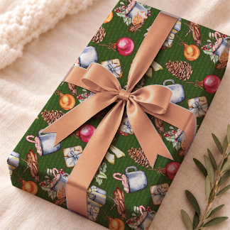 Papier Cadeau Motif de Noël Rétro Vert Festif