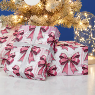 Papier Cadeau Motif de Noël rose à carreaux avec noeud à flocons