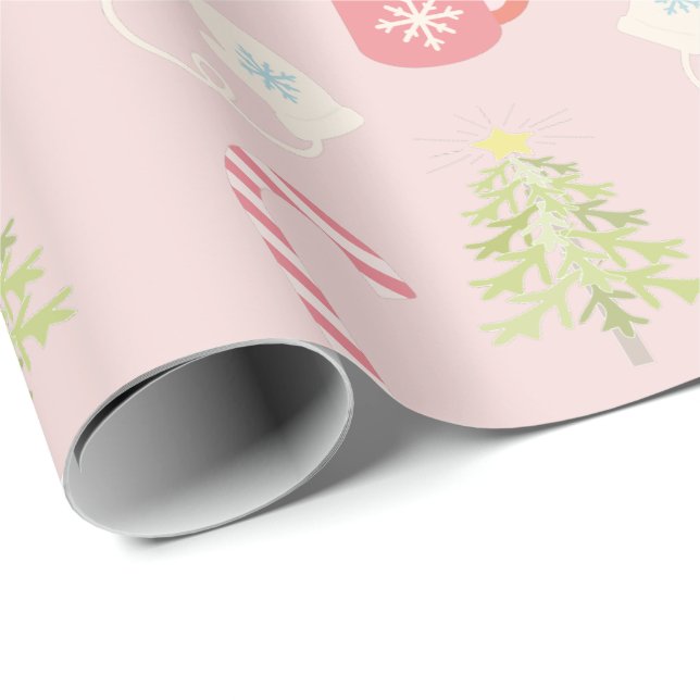 Papier Cadeau Motif de Noël rose mou (Coin rond)