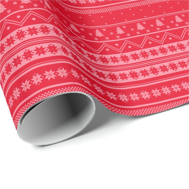Papier Cadeau Motif de Noël rouge et rose nordique (Coin rond)