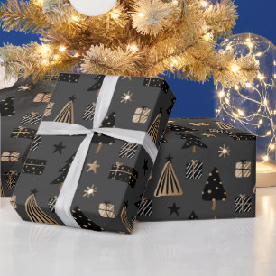 Papier Cadeau Motif de Noël scandinave moderne Black Gold