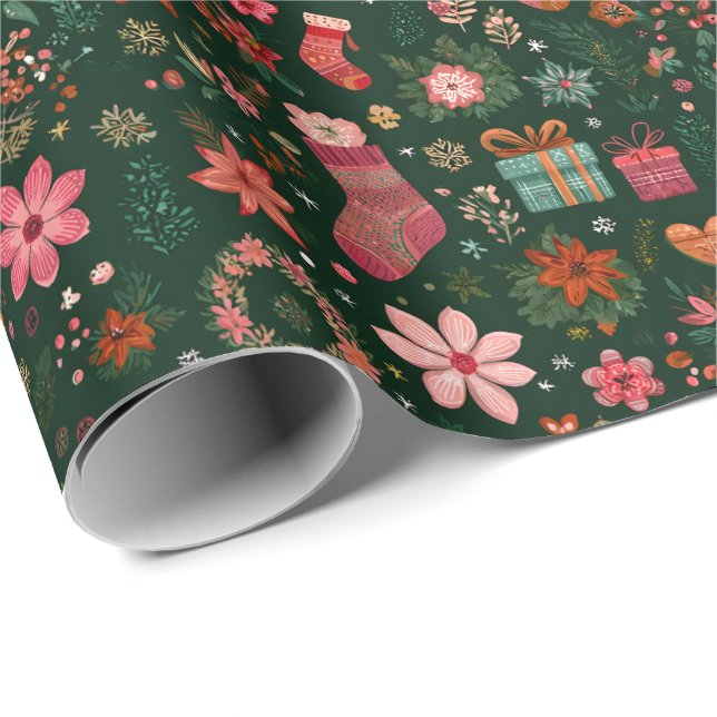 Papier Cadeau Motif de Noël Vert (Coin rond)