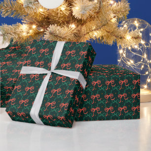 Papier Cadeau Motif de noeuds coquettes rouge et vert festifs