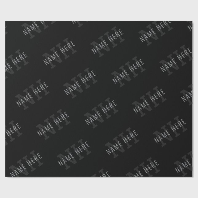 Papier Cadeau Motif de nom de monogramme gris très foncé et noir (Plat)