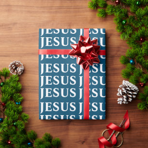 Papier Cadeau Motif de nom JESUS. Classique. Bleu et blanc. Mode