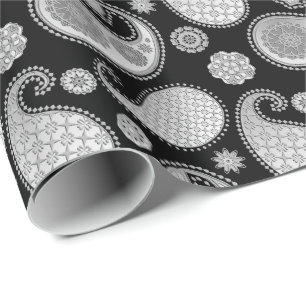 Papier Cadeau Motif de Paisley, gris argenté/gris sur le noir