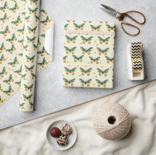 Papier Cadeau Motif de papillon vert émeraude et jaune soleil
