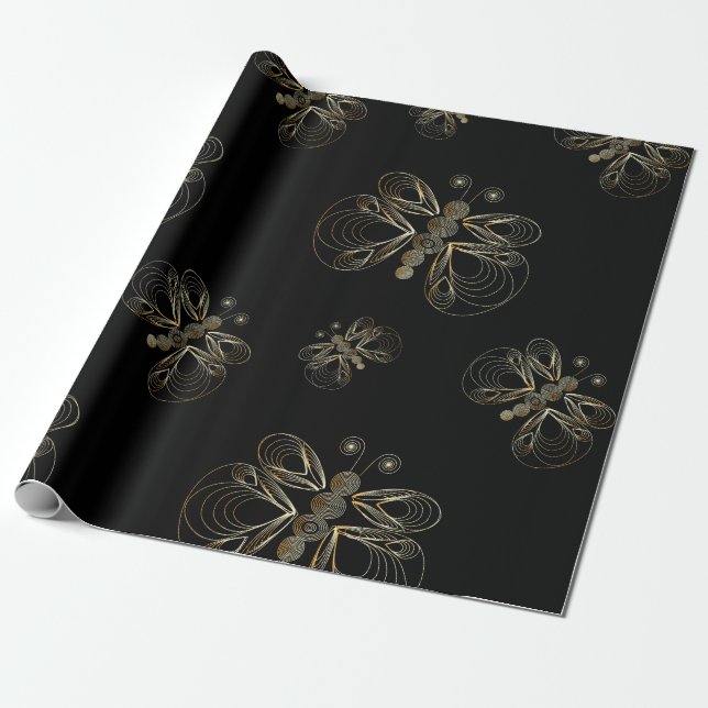 Papier Cadeau Motif de papillons d'or de "art déco" (Déroulé)