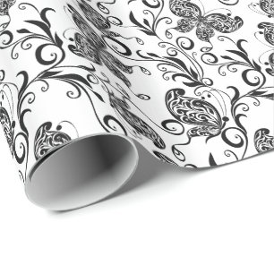 Papier Cadeau Motif de papillons et fleurs noirs et blancs