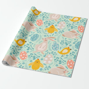 Papier Cadeau Motif de Pâques avec oeufs, lapin, poussin, fleurs