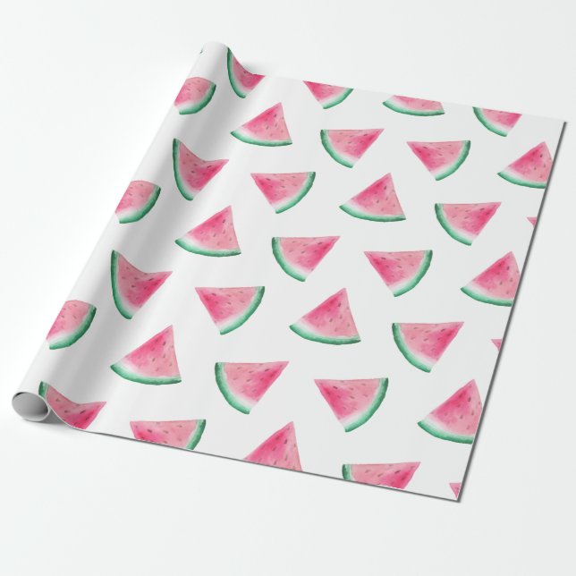 Papier Cadeau Motif de pastèque. baies d'été. Aquarelle rose (Déroulé)