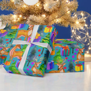 Papier Cadeau Motif de pin et cerf de Noël