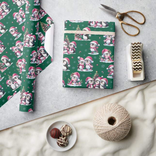Papier Cadeau Motif de pingouin mignon vert foncé et rose Noël (Artisanat)