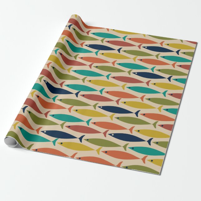 Papier Cadeau Motif de poisson moderne du milieu du siècle (Déroulé)