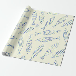 Papier Cadeau Motif de poisson sardine bleu doodle contour