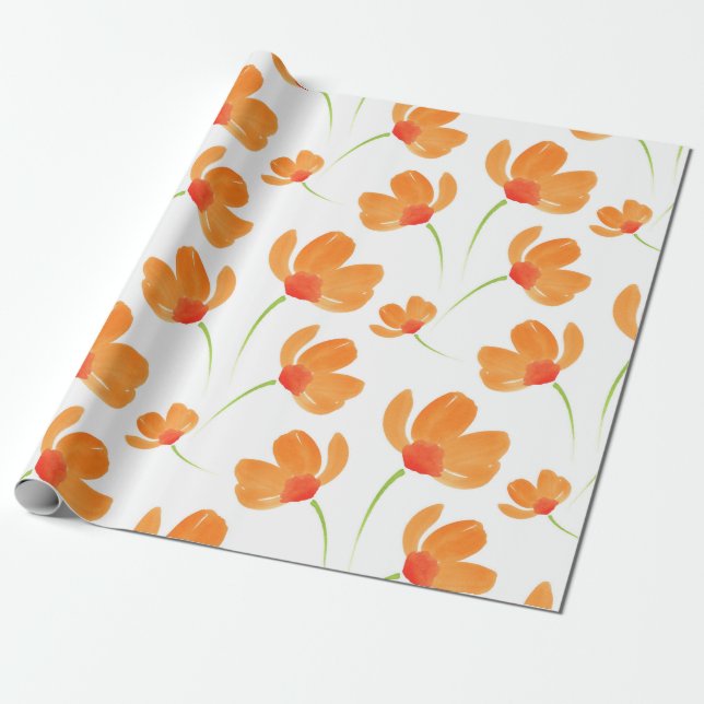 Papier Cadeau Motif de Poppies d'aquarelle orange (Déroulé)