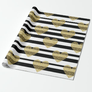 Papier Cadeau Motif de rayure de mariage à cœur doré élégant