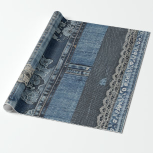 Papier Cadeau Motif de rayure en dentelle de denim indigo