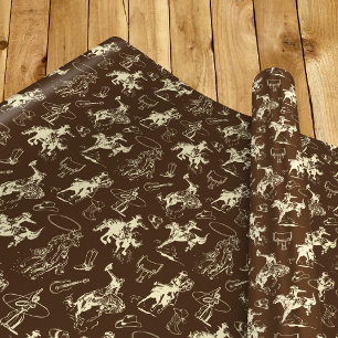 Papier Cadeau Motif de Rodéo de Cowboy Occidental Brun Foncé