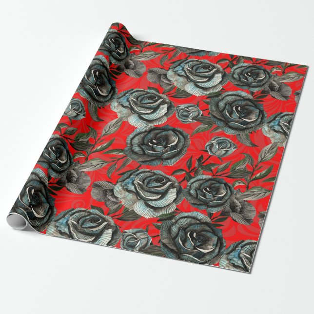 Papier Cadeau Motif de roses noires et rouges (Déroulé)