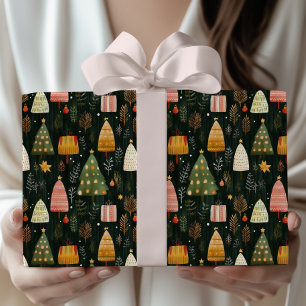 Papier Cadeau Motif de sapin de Noël en bois verdoyant enchanté