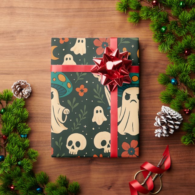 Papier Cadeau Motif de Shroom-Skull et de Fleurs (Cadeau de vacances)
