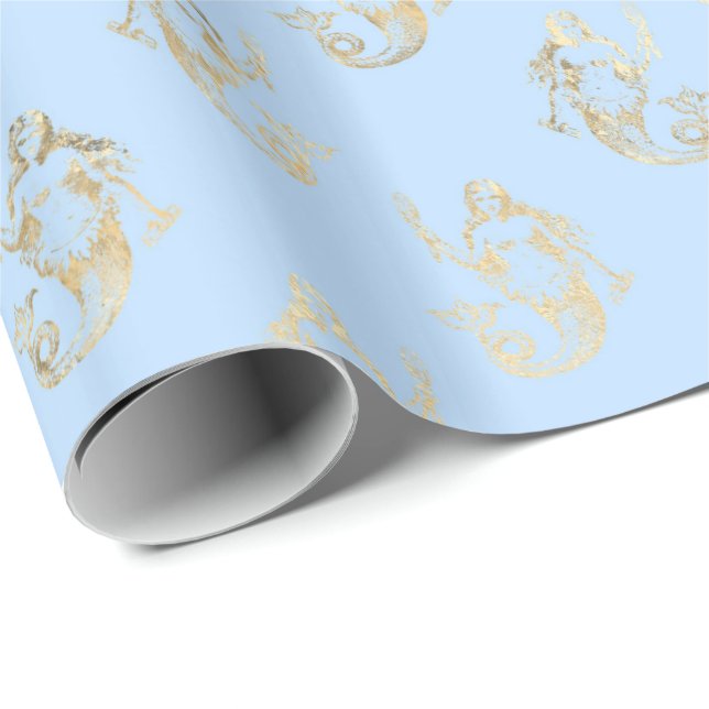 Papier Cadeau Motif de sirène bleu/or (Coin rond)