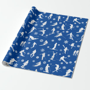 Papier Cadeau Motif De Skieurs. Silhouettes Blanches Sur Bleu