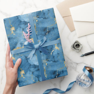 Papier Cadeau Motif de style liquide marbré bleu et or