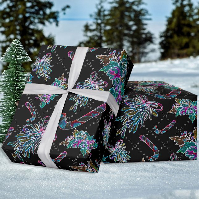 Papier Cadeau Motif de Sucre de canne de Noël Black Light (Créateur téléchargé)