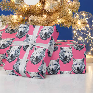 Papier Cadeau Motif de tête de loup blanc rose 