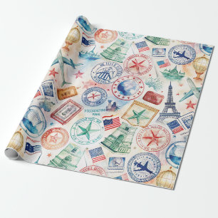 Papier Cadeau Motif de timbre de voyage vintage (3)