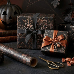 Papier Cadeau Motif de toile d'araignée Halloween orange noir ID