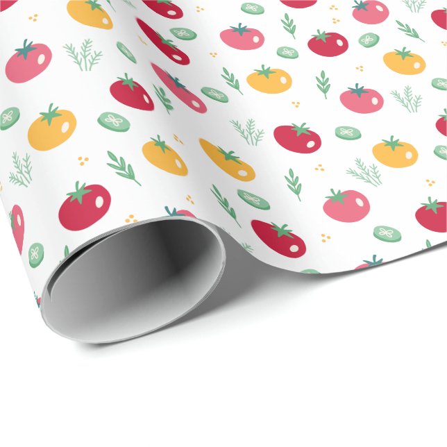 Papier Cadeau Motif de tomate rose rouge et jaune (Coin rond)