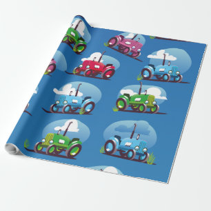 Papier Cadeau Motif de Tracteur (Fond Bleu)