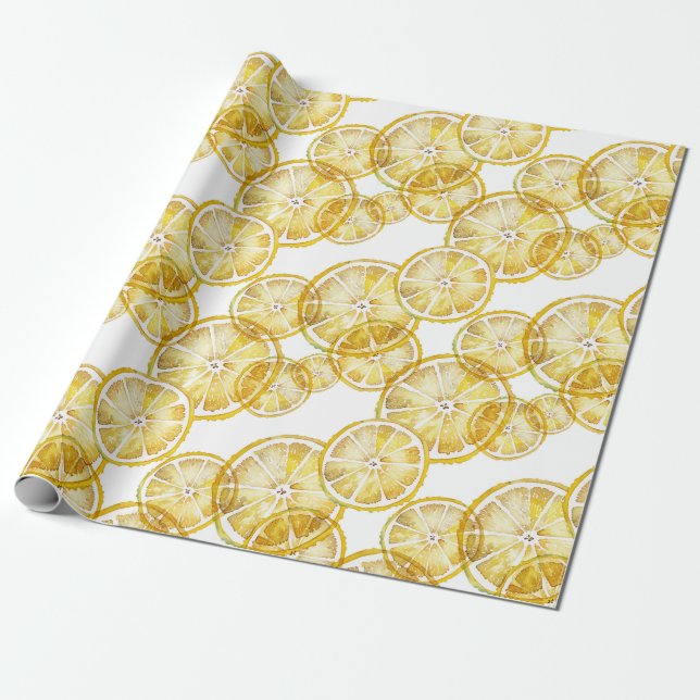 Papier Cadeau Motif de tranches de citron rustique aquarelle (Déroulé)