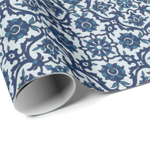 Papier Cadeau Motif de tuiles florales Azulejos bleu-portugais