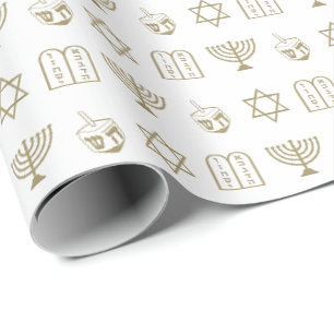 Papier Cadeau motif de vacances Hanoukka or et blanc juif