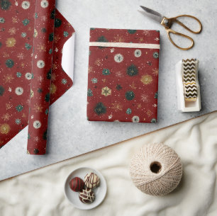 Papier Cadeau Motif de vacances rouge avec flocons de neige