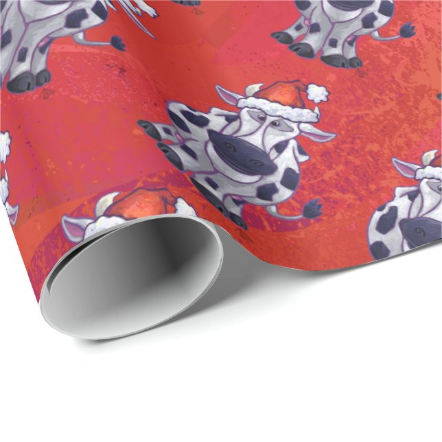Papier Cadeau Motif de vache de Noël sur Red Field (Coin rond)