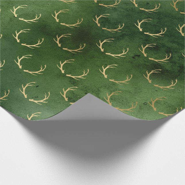 Papier Cadeau Motif des Antlers Vert/Or de Noël (Coin)