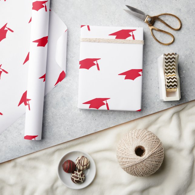 Papier Cadeau Motif des Caps de Graduation Rouge - Graduation (Artisanat)