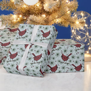 Papier Cadeau Motif des Cardinaux rouges d'hiver bleu