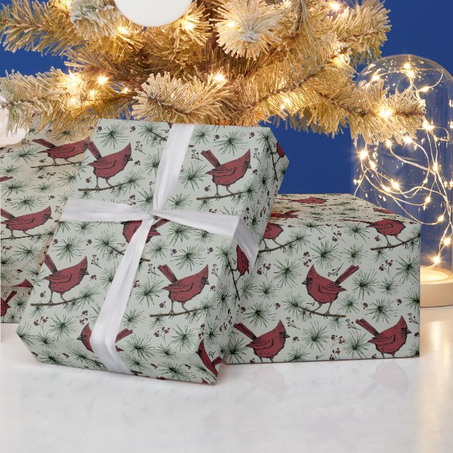 Papier Cadeau Motif des Cardinaux rouges d'hiver verts (Vacances)